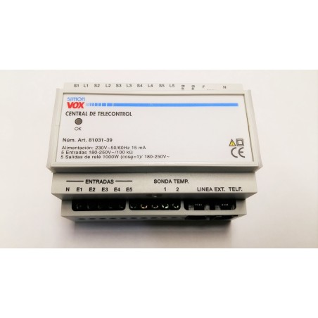 Central de telecontrol, 230V~50/60Hz 5 entradas+salidas, 6 módulos para carril DIN, acceso mediante código personal.