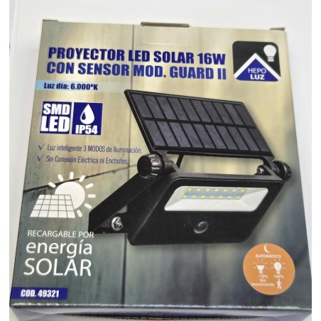 PROYECTOR SOLAR LED GUARD II  16W 6000K IP54 CON SENSOR COLOR NEGRO